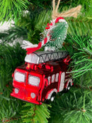 Christbaumschmuck Deko Glas Hänger Feuerwehrauto mit Tannenbaum Weihnachten H/T/B: 8cm x 3,5cm x 8cm