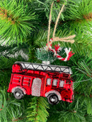 Christbaumschmuck Deko Glas Hänger Feuerwehrauto mit Tannenbaum Weihnachten H/T/B: 8cm x 3,5cm x 8cm