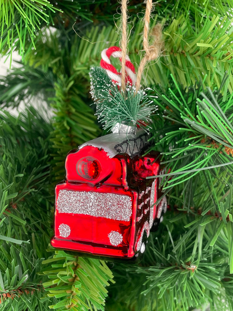 Christbaumschmuck Deko Glas Hänger Feuerwehrauto mit Tannenbaum Weihnachten H/T/B: 8cm x 3,5cm x 8cm