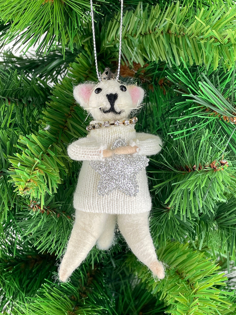 Christbaumschmuck Deko Hänger Katze mit silbernem Stern und Krone aus Filz weiß beige
