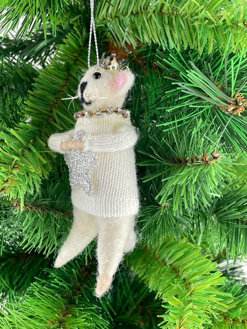 Christbaumschmuck Deko Hänger Katze mit silbernem Stern und Krone aus Filz weiß beige