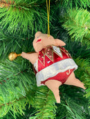 Christbaumschmuck Figur Schwein Sportler Fitnessstudio Hantelstange handbemalt Weihnachten Baumschmuck Deko Hänger Christbaumschmuck 10 cm (weiß-rot)
