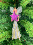 Christbaumschmuck  Engel mit lila Glitzer-Stern in silber-cremefarbenem  Kleid 16cm hoch Weihnachten Anhänger Ornament