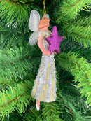 Christbaumschmuck  Engel mit lila Glitzer-Stern in silber-cremefarbenem  Kleid 16cm hoch Weihnachten Anhänger Ornament