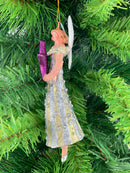 Christbaumschmuck  Engel mit lila Glitzer-Stern in silber-cremefarbenem  Kleid 16cm hoch Weihnachten Anhänger Ornament