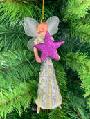 Christbaumschmuck  Engel mit lila Glitzer-Stern in silber-cremefarbenem  Kleid 16cm hoch Weihnachten Anhänger Ornament