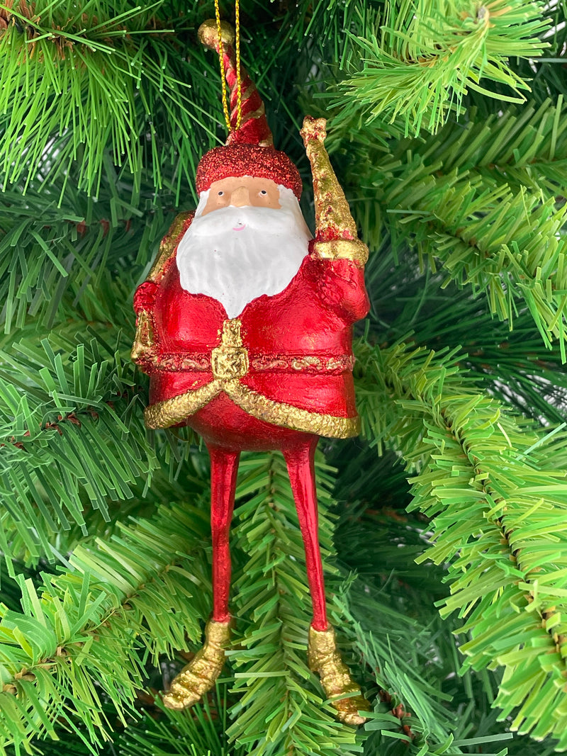 Baumschmuck Weihnachtsmann mit langen Beinen, Baum und Geschenksäckchen in rot gold Anhänger Ornament 17,5 cm