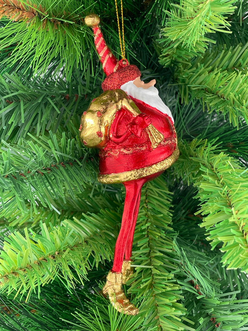 Baumschmuck Weihnachtsmann mit langen Beinen, Baum und Geschenksäckchen in rot gold Anhänger Ornament 17,5 cm