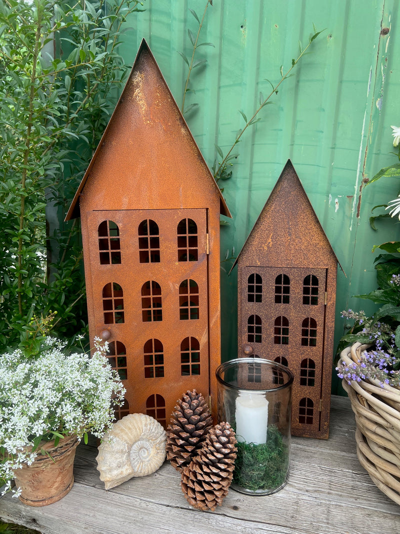 Gartendeko Haus in 3 Größen Laterne Gartenlicht zum Stellen Metall Rost Deko