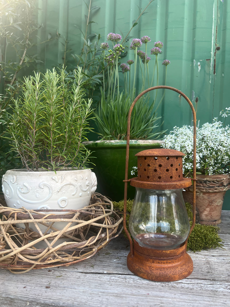 Laterne aus Metall mit Edelrost mit klarem Pressglas Kerzenhalter Rost Deko Leuchtfeuer Gartendeko Edelrost 40cm hoch