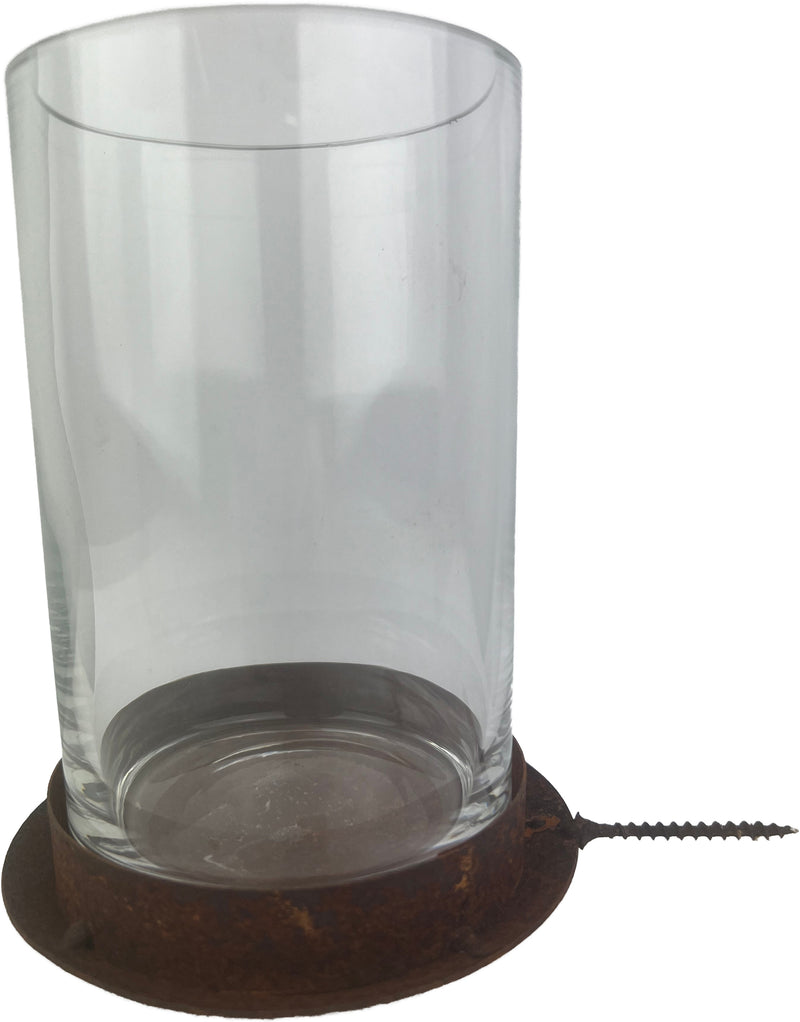Kerzenhalter mit Schraube zum Befestigen an einer Holzwand oder Baumstamm Rost/Glas H/Dia: 15/9cm