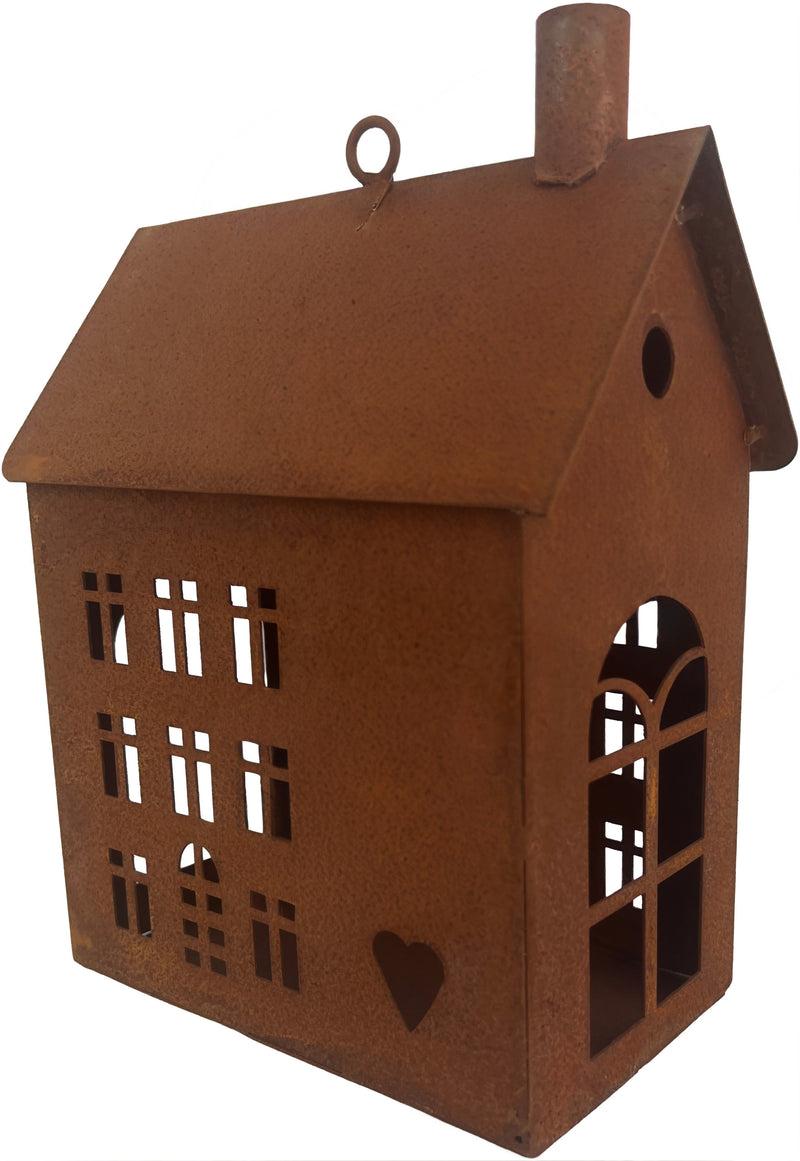 Gartendeko Haus rechteckig mit Ring Laterne Gartenlicht Gartendeko zum Stellen oder Hängen Metall Rost Deko 23cm hoch