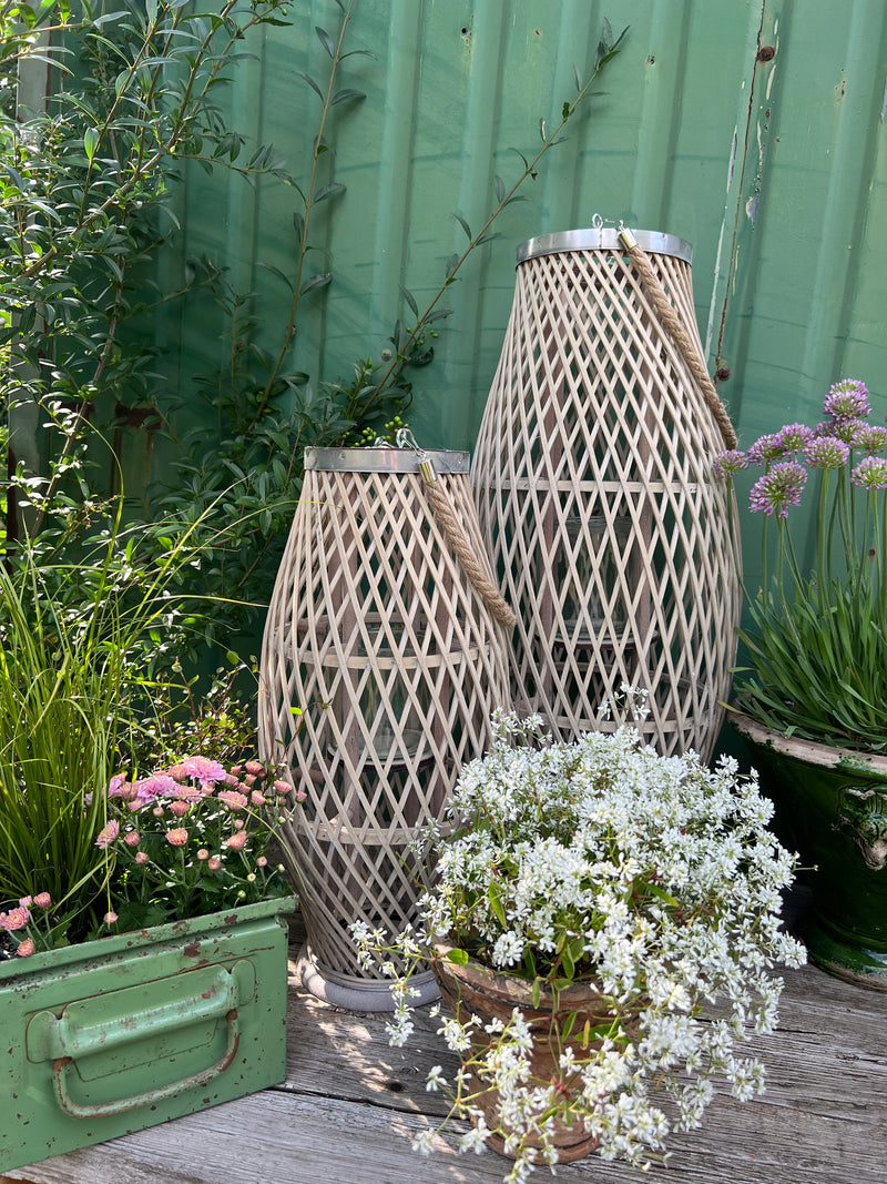 Bambuslaterne Laterne Kerzenhalter Garten Outdoor Indoor mit Glas und Kordel in drei Größen