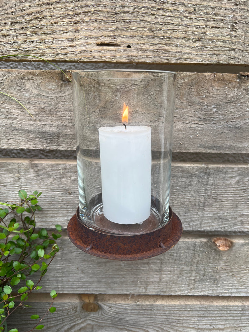 Kerzenhalter mit Schraube zum Befestigen an einer Holzwand oder Baumstamm Rost/Glas H/Dia: 15/9cm
