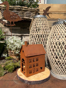 Gartendeko Haus rechteckig mit Ring Laterne Gartenlicht Gartendeko zum Stellen oder Hängen Metall Rost Deko 23cm hoch
