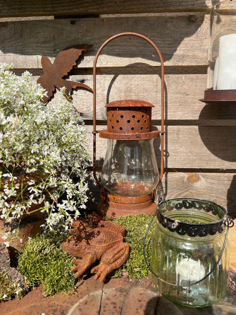 Glaswindlicht RILKE Hängeglas Garten Laterne Recycling Glas Windlicht Metallumrandung Rost H/dia: 10,5/8cm