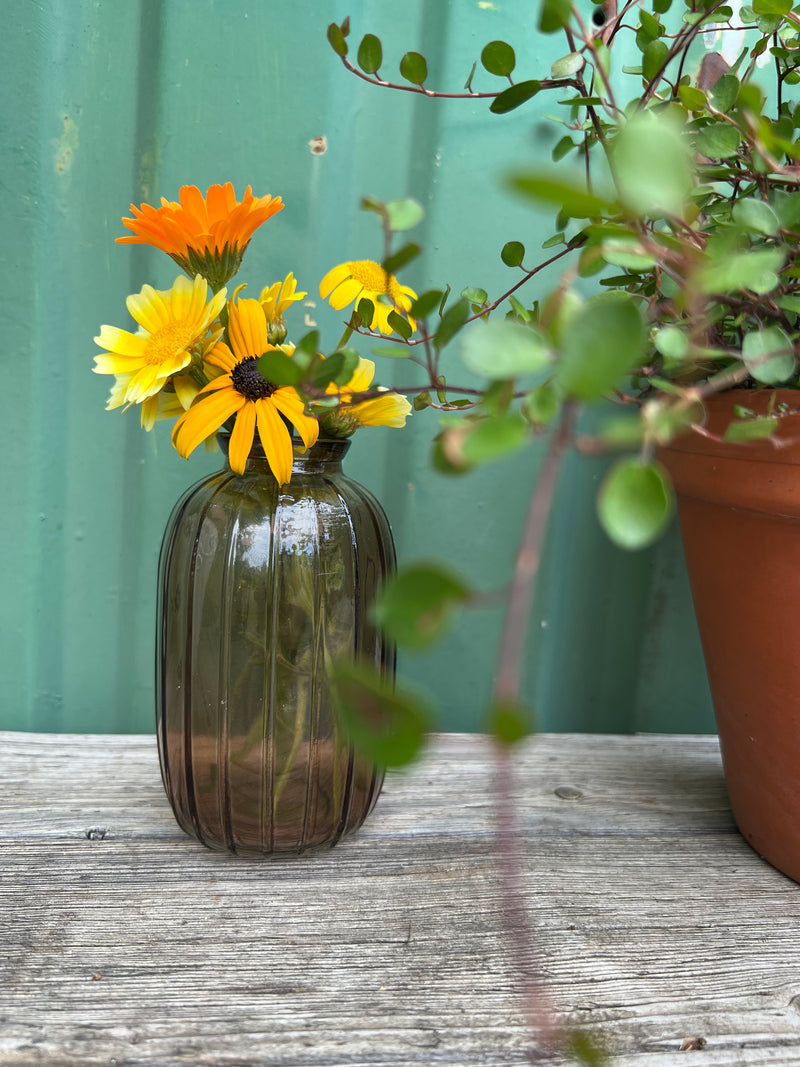 Glasvase JULIA Vase Blumenvase Pressglas Rillen hellbraun oder kirschrot H/dia: 12 / 7 cm