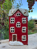 Haus Keramikhaus Windlicht Keramik Dekoration Häuschen Weihnachten rot / weiß B/T/H: 12 x 9,5 x 25cm