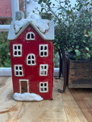 Haus Keramikhaus Windlicht Keramik Dekoration Häuschen Weihnachten rot / weiß B/T/H: 12 x 9,5 x 25cm