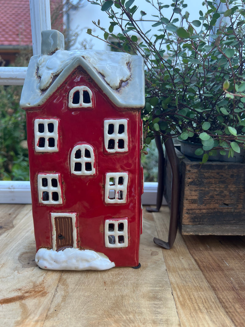 Haus Keramikhaus Windlicht Keramik Dekoration Häuschen Weihnachten rot / weiß B/T/H: 12 x 9,5 x 25cm