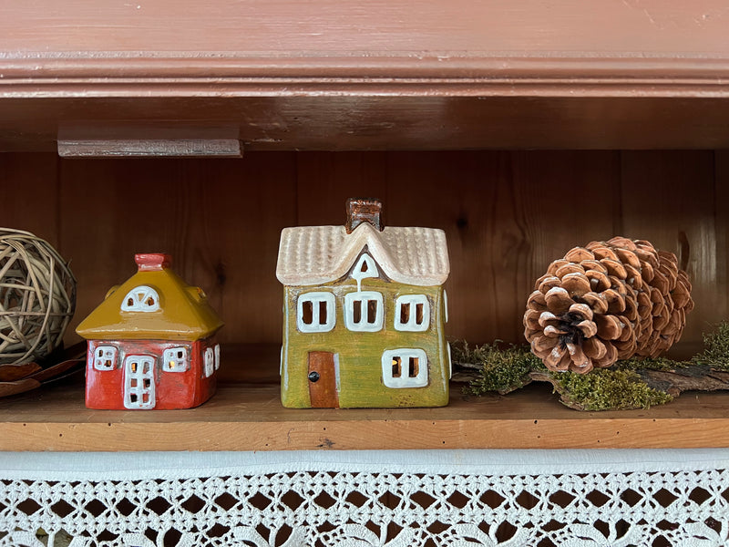 Teelichthalter Haus 11x7x13 cm Grün Windlicht Dekoration Herbst Weihnachten Keramik