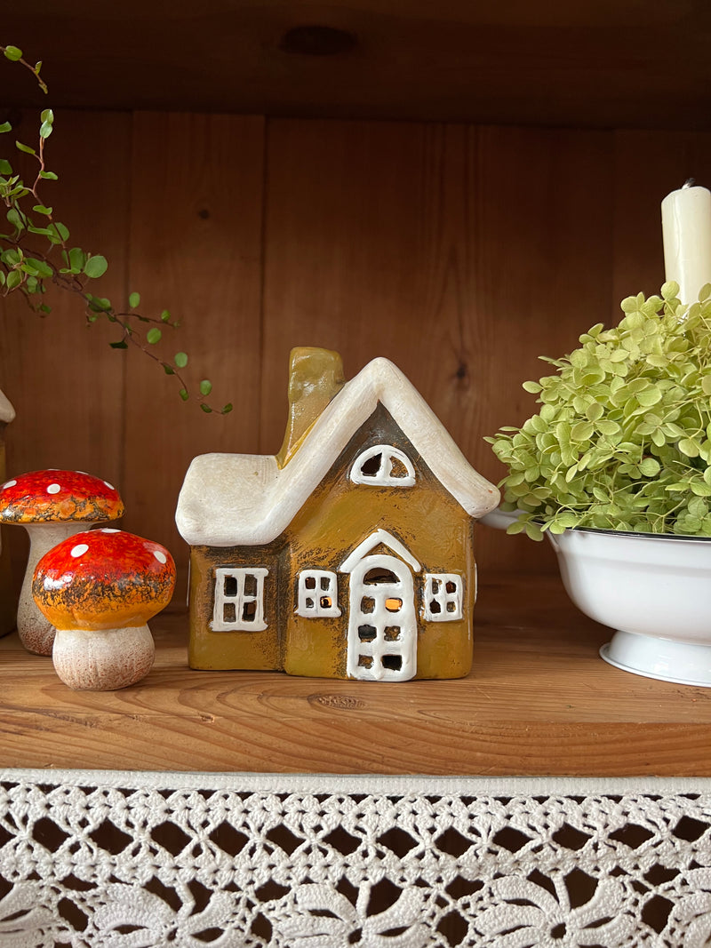 Teelichthalter Haus 13x7x13 cm Braun Dekoration Windlicht Herbst Weihnachten Keramik