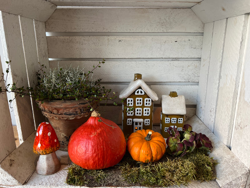 Teelichthalter Haus 8x7x15 cm Braun Windlicht Dekoration Herbst Keramik