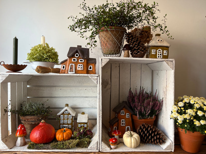 Teelichthalter Haus 8x7x15 cm Braun Windlicht Dekoration Herbst Keramik