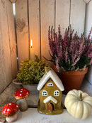 Teelichthalter Haus 10x10x16 cm Windlicht Dekoration Herbst Weihnachten Braun Keramik