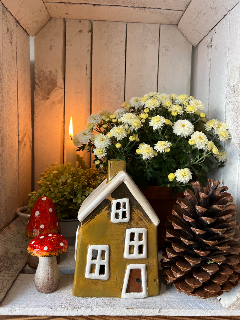 Teelichthalter Haus 12x8x17 cm Braun Keramik Windlicht Gartendeko Dekoration
