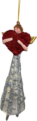 Christbaumschmuck Figur Engel mit rotem Herz in silber-cremefarbenem Kleid Baumschmuck 16cm