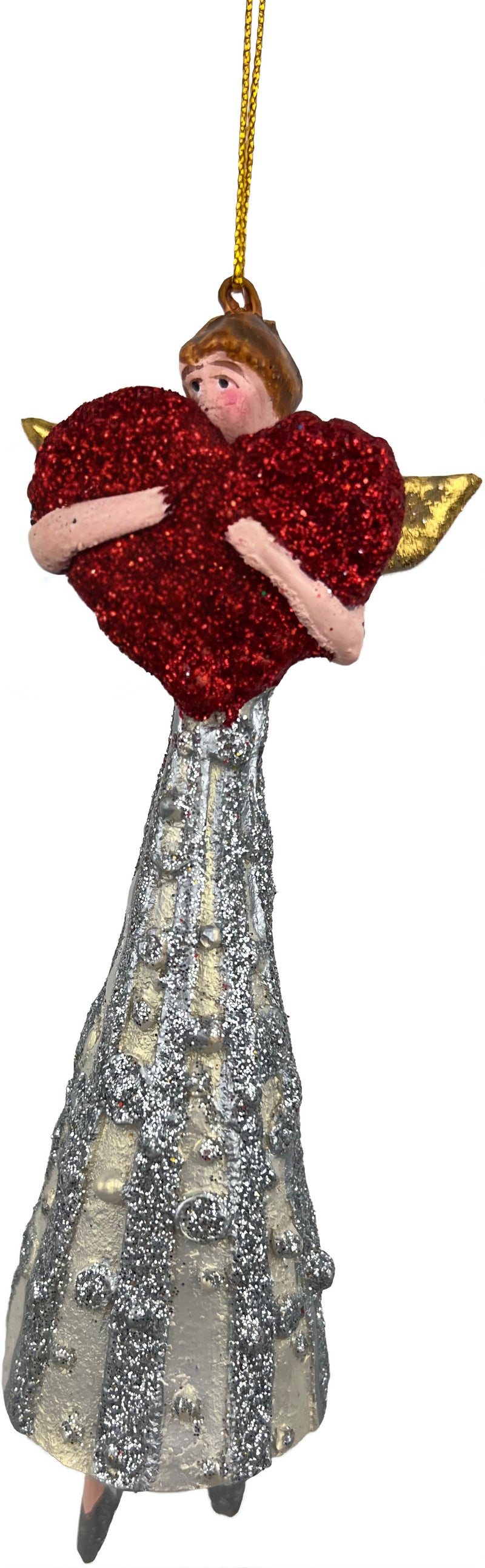 Christbaumschmuck Figur Engel mit rotem Herz in silber-cremefarbenem Kleid Baumschmuck 16cm