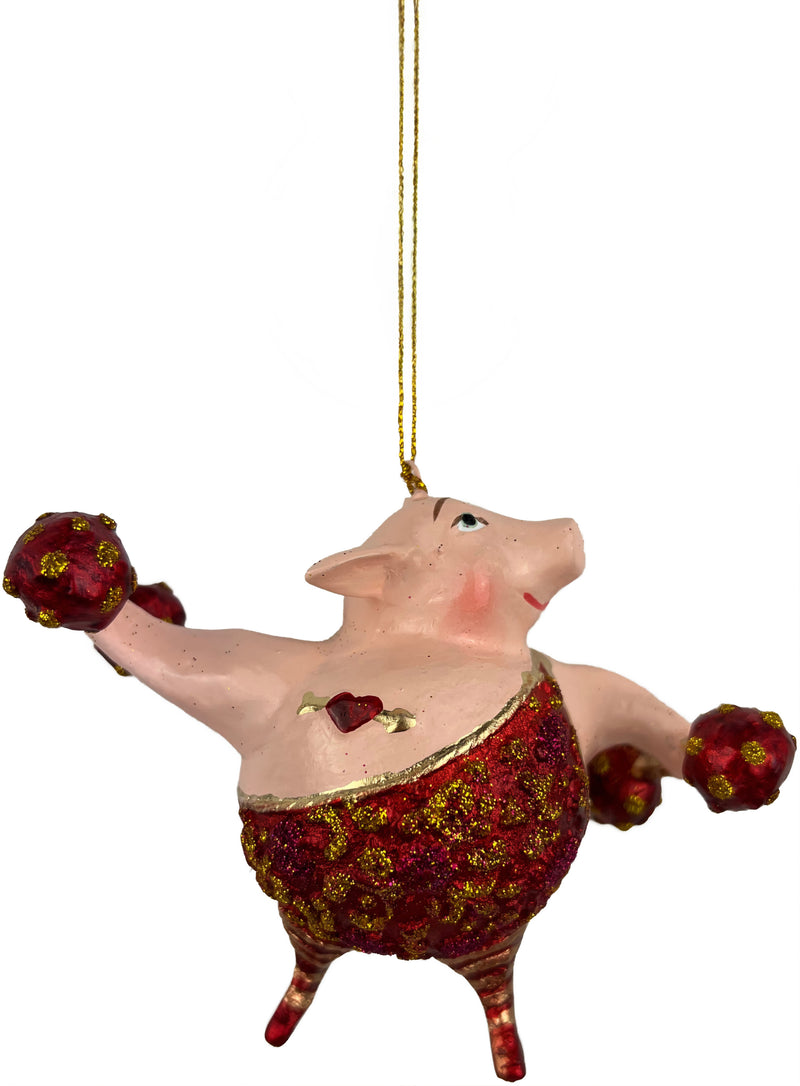 Christbaumschmuck Sportler Schwein mit Hanteln und Gewichtheberanzug in rot gold lila Fitnessstudio handbemalt Weihnachten Baumschmuck 12,5cm hoch