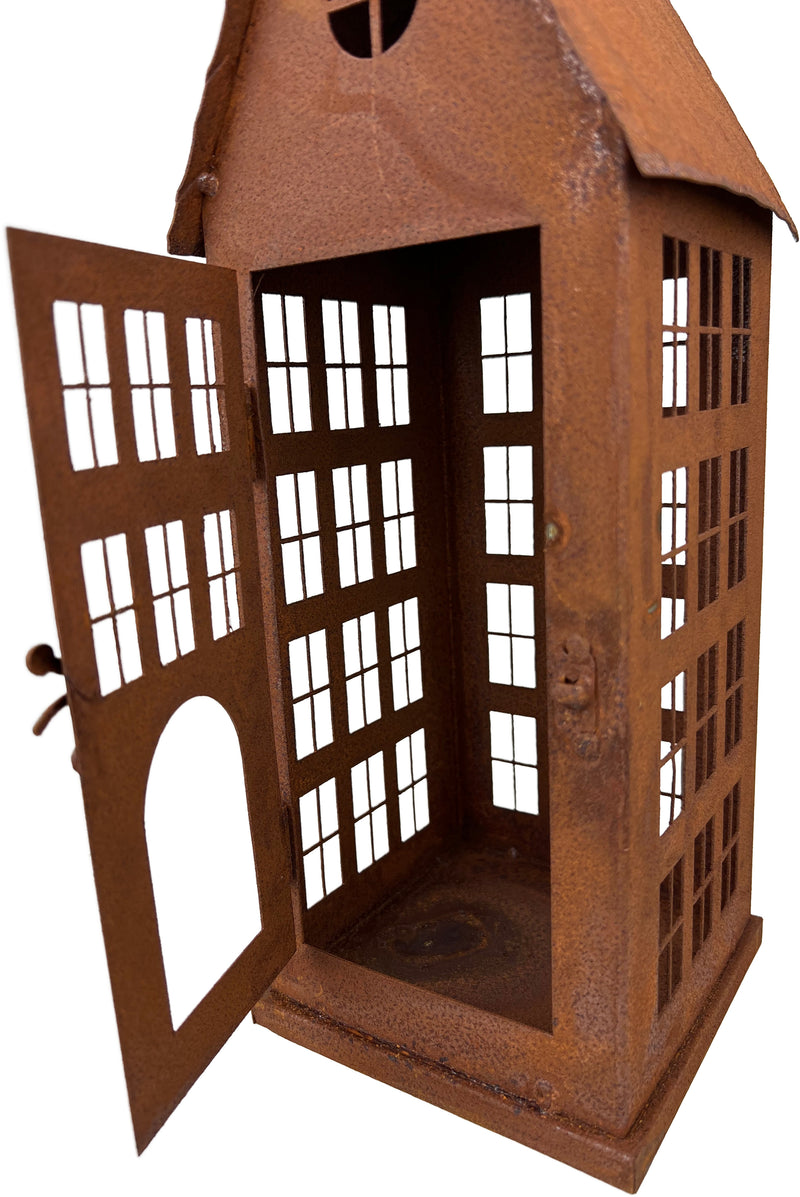 Gartendeko Haus mit Tür Windlicht Gartenlicht Gartendeko zum Stellen Metall Rost Deko 38cm hoch