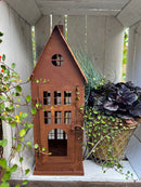 Gartendeko Haus mit Tür Windlicht Gartenlicht Gartendeko zum Stellen Metall Rost Deko 38cm hoch