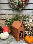 Gartendeko Haus rechteckig mit Ring Laterne Gartenlicht Gartendeko zum Stellen oder Hängen Metall Rost Deko 23cm hoch