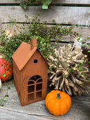 Gartendeko Haus rechteckig mit Ring Laterne Gartenlicht Gartendeko zum Stellen oder Hängen Metall Rost Deko 23cm hoch