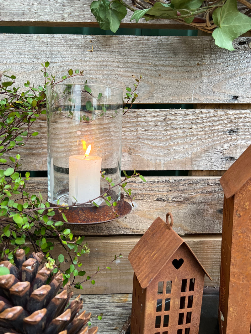 Kerzenhalter mit Schraube zum Befestigen an einer Holzwand oder Baumstamm Rost/Glas H/Dia: 15/9cm