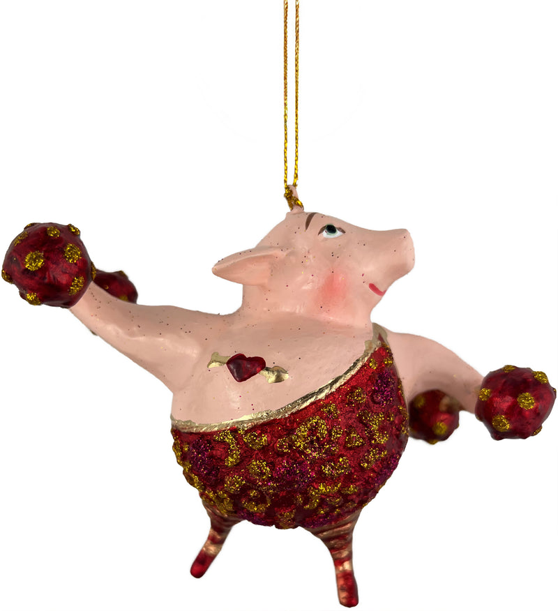 Christbaumschmuck Sportler Schwein mit Hanteln und Gewichtheberanzug in rot gold lila Fitnessstudio handbemalt Weihnachten Baumschmuck 12,5cm hoch