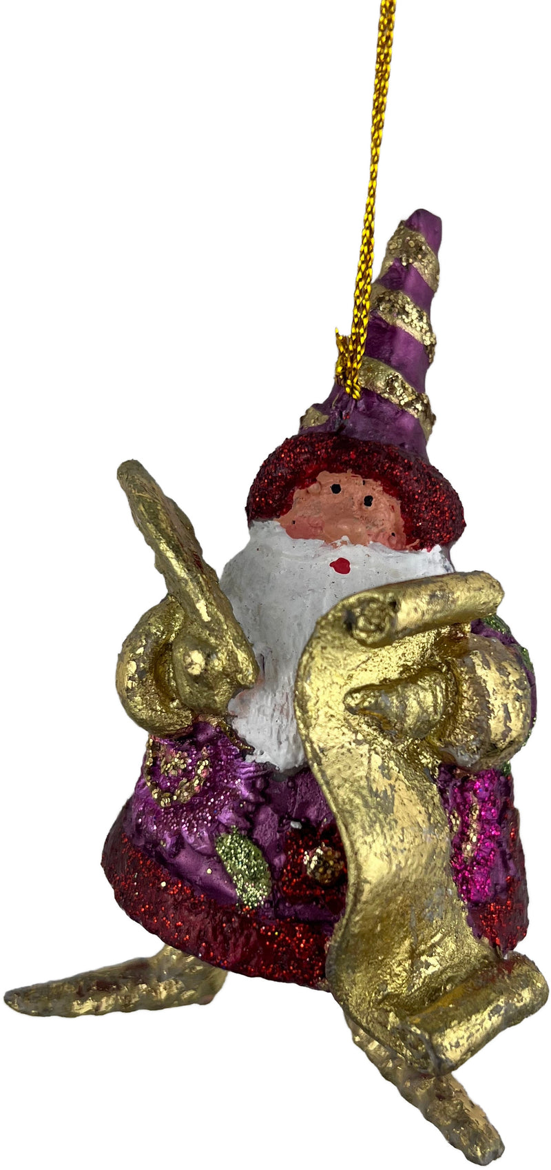 Kleiner Weihnachtsmann mit Feder und Schriftrolle lila gold Deko Hänger handbemalt Weihnachten Christbaumschmuck 8 cm