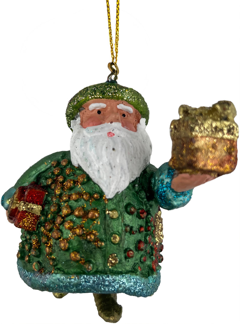 Kleiner Weihnachtsmann mit Geschenken grün-gold Deko Hänger handbemalt Weihnachten Christbaumschmuck 7 cm