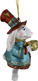 Hase mit Tasse in einem blauen Jacket Deko Hänger Ostern handbemalt Baumschmuck 10 cm
