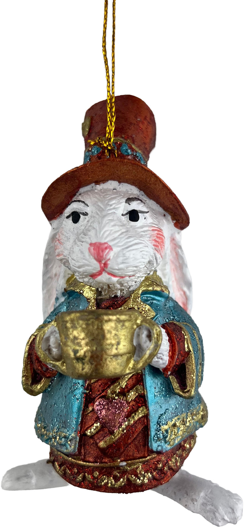 Hase mit Tasse in einem blauen Jacket Deko Hänger Ostern handbemalt Baumschmuck 10 cm