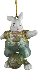 Hase in pastellblauer Hose mit Osterei Deko Hänger Ostern handbemalt Baumschmuck 10 cm