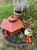 Gartendeko Vogelhaus sechseckig Haus Windlicht zum Stellen oder Hängen mit Ring Metall Rost Deko H/B: 22/18 cm
