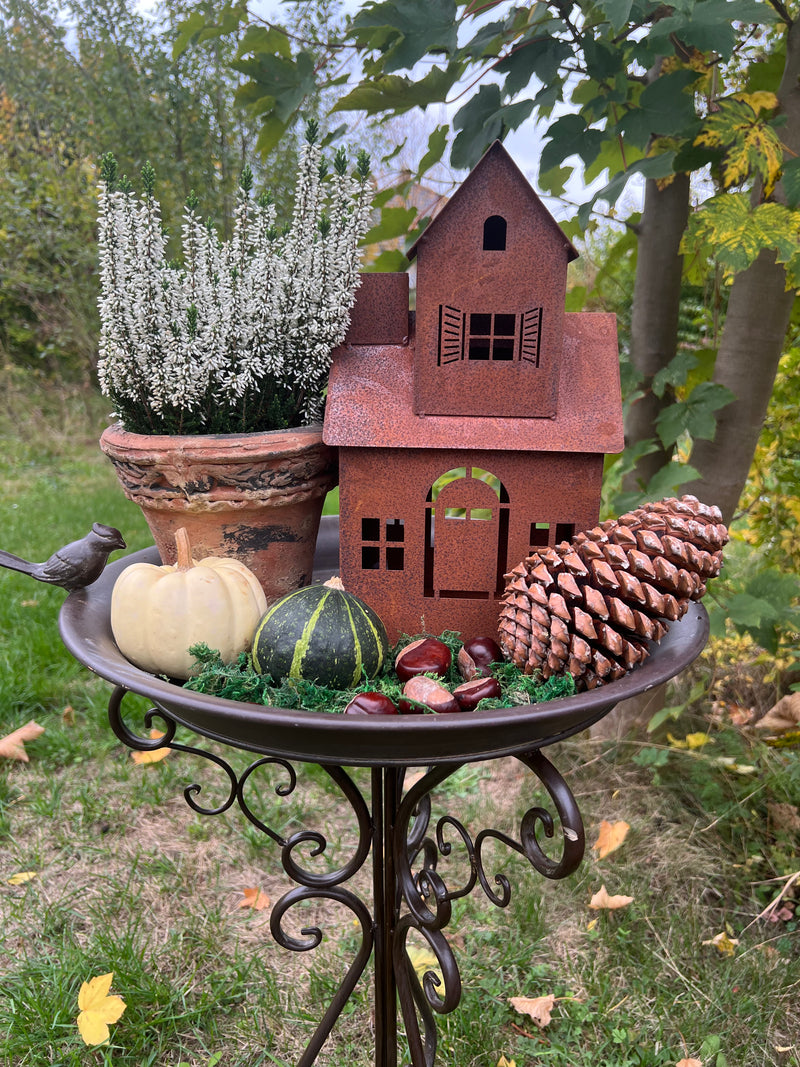 Gartendeko Vogelhaus Hexenhaus Haus Windlicht zum Stellen Metall Rost Deko H/B/T: 31/18/14 cm