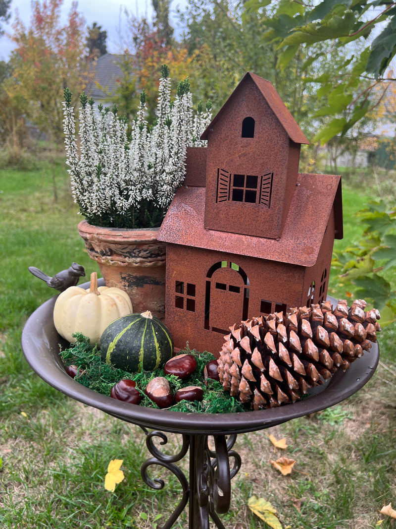 Gartendeko Vogelhaus Hexenhaus Haus Windlicht zum Stellen Metall Rost Deko H/B/T: 31/18/14 cm