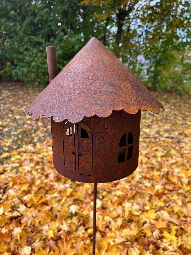Hexenhaus rund Vogelhaus Futterstation Vogelfutter zum Stellen mit Stab Metall Rost Deko Durchmesser 28cm 145cm Gesamthöhe