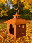 Gartendeko Vogelhaus sechseckig Haus Windlicht zum Stellen oder Hängen mit Ring Metall Rost Deko H/B: 22/18 cm
