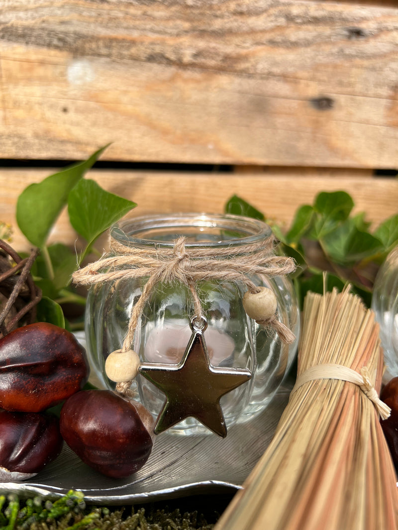 2-er Set Teelichthalter bauchig mit Stern- und Tannenbaumdeko Windlicht Transparent Kerzenhalter elegant schick Glas 7,5cm breit x 7,5cm hoch